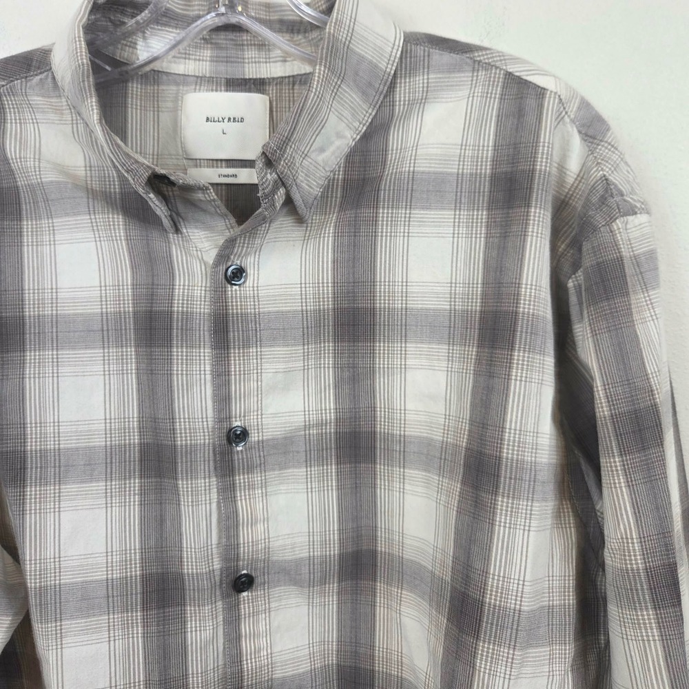 Billy Reid Mens Standard Fit Plaid Button Down Shirt Grey Cream Cotton Large